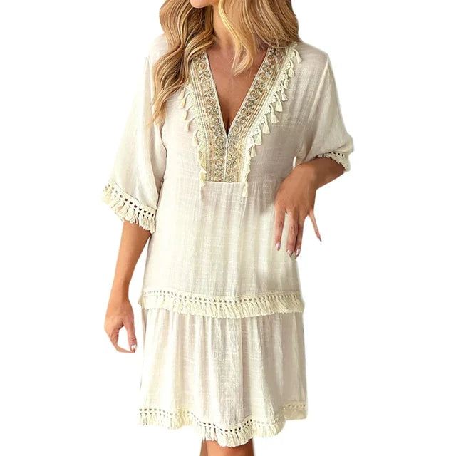 Boho Embroidered V-Neck Maxi Dress – Casual & Elegant Style