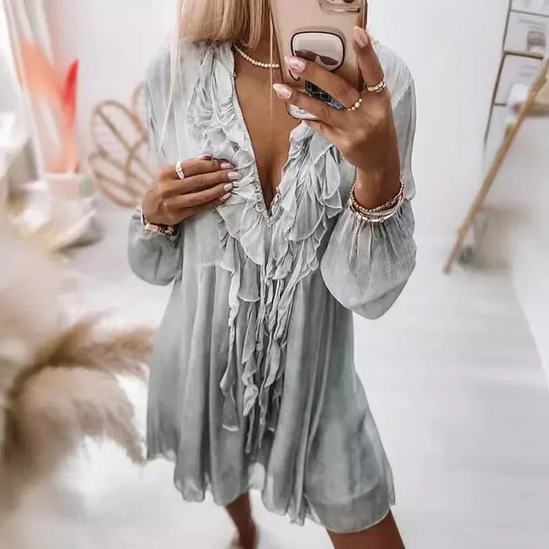 2025 Spring Chiffon V-Neck Dress – Elegant Lace-Up Long Sleeve Style