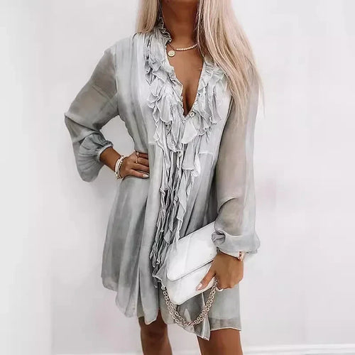2025 Spring Chiffon V-Neck Dress – Elegant Lace-Up Long Sleeve Style