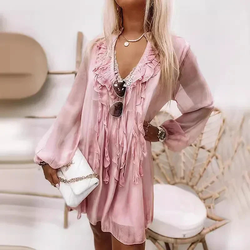 2025 Spring Chiffon V-Neck Dress – Elegant Lace-Up Long Sleeve Style