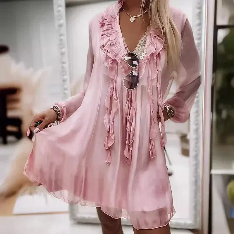 2025 Spring Chiffon V-Neck Dress – Elegant Lace-Up Long Sleeve Style