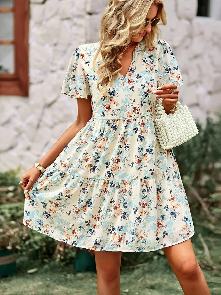 Spring Summer Fashion Women V Neck Short Sleeve Loose Chic Floral Printed Dress