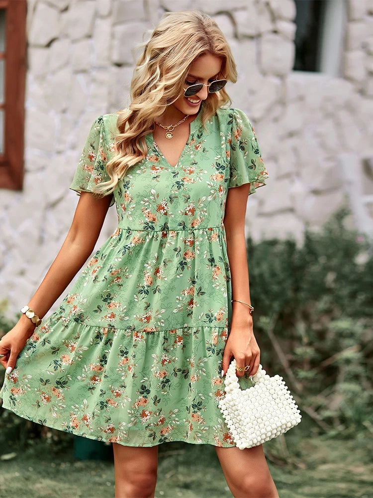 Spring Summer Fashion Women V Neck Short Sleeve Loose Chic Floral Printed Dress