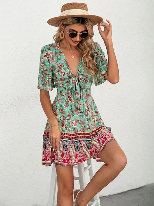 Boho Floral V-Neck Mini Dress – Lace-Up Waist & Flounce Sleeves